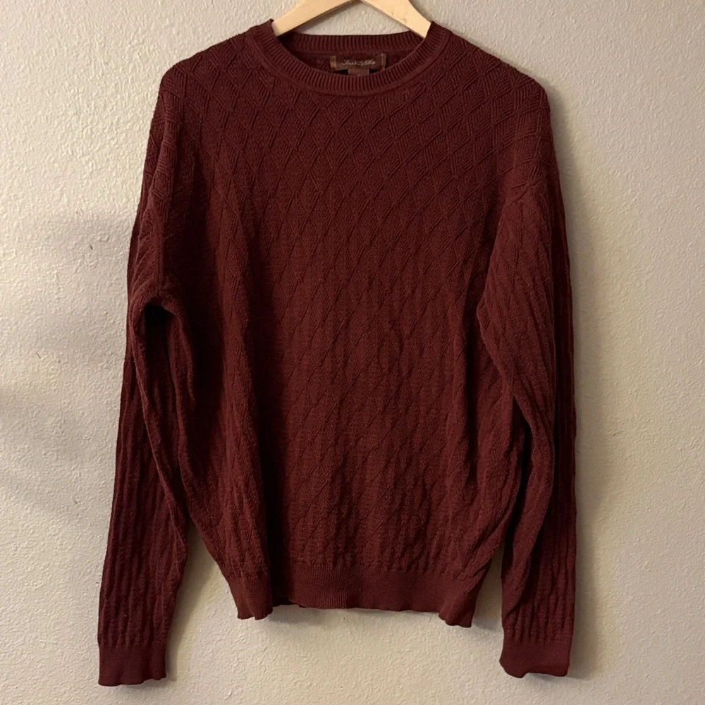 Tasso Elba Cable Knit Sweater Mens M Burgundy Cotton Crewneck Classic Textured - Picture 2 of 9